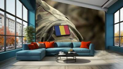 Flag of Romania on military uniform. Army, armed forces, soldiers. Collage. Wall mural