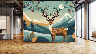 Christmas card with deer, leaves and mistletoe. Modern template. Vector illustration of a postcard of 2024 Wall mural