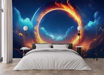 Ring of fire in the sky with dark blue clouds concept background design. Glowing magic circle in the night sky banner. Digital artwork raster bitmap illustration. Wall mural