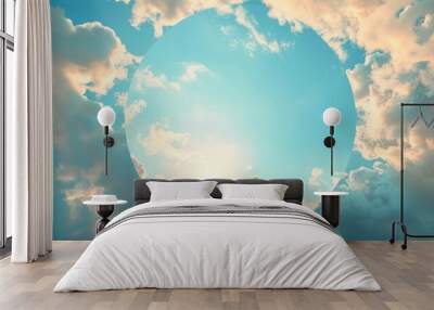 3d render, abstract wallpaper, blue sky with white clouds flying out the round hole. Weather concept, optical illusion. Wall mural