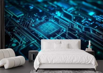 A blue and green background with digital integrated network technology. A printed circuit board with a technology background. Three-dimensional illustration. Wall mural