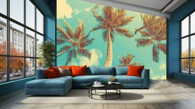 A blue sky and palm trees panorama from below, as seen from the ground, tropical travel banner with a vintage style. Wall mural