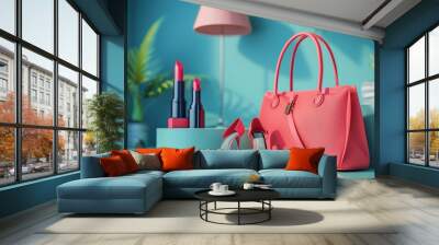 A fashion accessory bag, high heels, lipstick in a bag. A 3D rendering of a fashion accessory bag. Wall mural