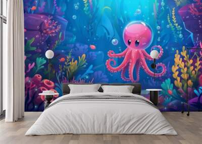 A funny jellyfish swims in water surrounded by exotic fish, colorful corals, and green seaweed. Illustration of marine life on ocean floors. Wall mural