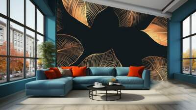 A golden leaf texture on a black background. A dark wallpaper art design for stylish decoration. A unique and smart abstract art style. Wall mural