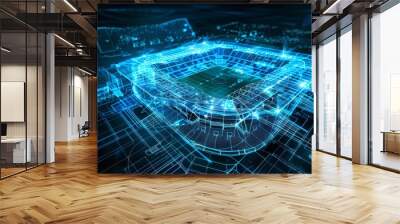 A holographic blueprint of a football stadium suspended in a dark void. Its iconic form is outlined in intricate neon blue patterns. Wall mural