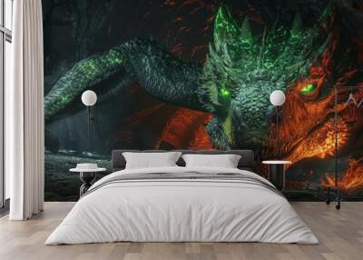 A huge medieval dragon with glowing green eyes and flames in a dark cave. Mythical creature. Concept art of a dragon head in the Gothic style. 3D illustration of the game location for the final boss. Wall mural