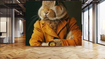 A rabbit wearing a stylish suit and tie. Fashion portrait of an anthropomorphic animal, set in a charismatic human atmosphere - Stock Photography Wall mural