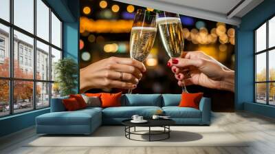 A restaurant and cafe with two glasses of sparkling champagne in hands, concept for holidays, weddings, valentines days, Christmas and New Year. Wall mural