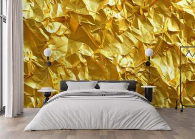 A seamless gold leaf background texture is presented. Shiny golden yellow crumpled metallic foil repeat pattern is presented. Modern abstract luxury gilded age wallpaper is presented. Christmas Wall mural