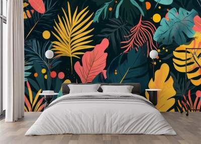 A seamless tropical leaf wallpaper design made up of contemporary exotic leaves. Wall mural