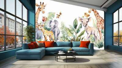 A watercolor illustration of safari animals for a baby nursery Wall mural