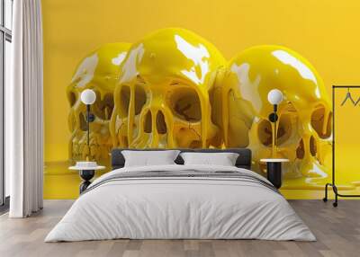 An AI cartoon of three cartoon skulls with yellow liquid dripping from their mouths Wall mural