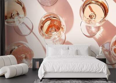 An alcohol drink pattern with a glass of rose sparkling wine on pastel pink backdrop with dark shadows. Wall mural