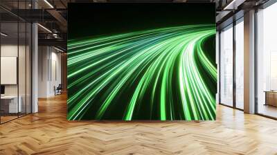 An electric vehicle technology 3d rendering of a green speed light trail on the road, a renewable energy highway transportation concept, and an eco-friendly eco-powered car street light at night. Wall mural