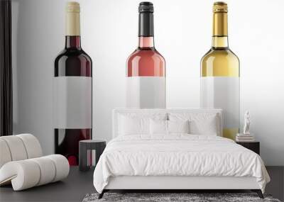 An isolated mockup of white, red and rose wine bottles on white. 3D renderings. Wall mural