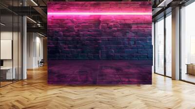 An old grungy brick wall with modern neon lights on the background. 3D rendering. Wall mural