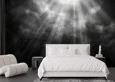 An overlay effect with white light rays, fog, and dust isolated on a transparent background. This modern realistic background features sunlight, lamp beams, clouds of smoke, or mist, with flying Wall mural