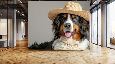 Bernese mountain dog wearing a summer hat on a gray background Wall mural