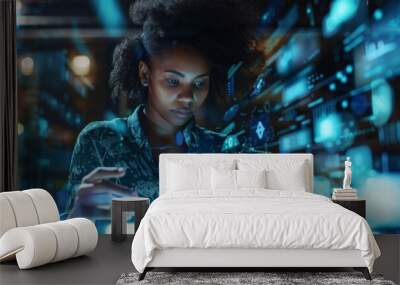 Black woman with tablet, focus and data overlay for ERP app innovation, research, and programming for startup businesses. Futuristic analytics, software, and website developer. Wall mural