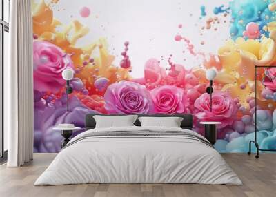 Bubbles float on a colorful background with various shapes Wall mural