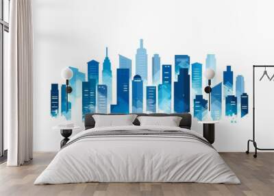 Colorful silhouette city skyline in blue, with white sky background Wall mural