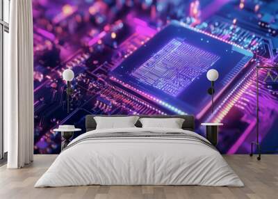 Computer CPU RAM on blue light background. Technology concept cyber electronic Wall mural