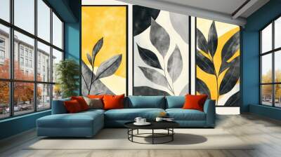 Decorative canvases with orange and gray abstract foliage. Plant art design. Wall mural