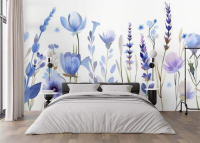 Digital illustration of blue flowers, summer design, watercolor hand painting. Ideal for printing or sublimation. Wall mural