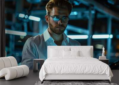 Engineer with glasses and white shirt working on a tablet computer in a car assembly plant. Industrial specialist with a focus on vehicle design. Wall mural