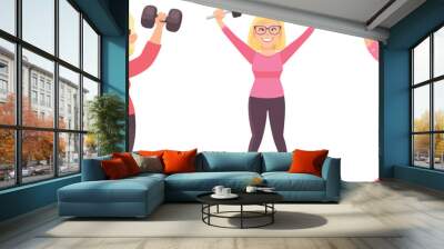 Exercise with dumbbells by an old woman. Senior fitness training Wall mural