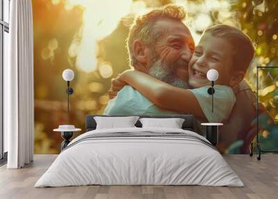 Father hugging son, family laughing together, elderly caucasian man or grandfather smiling in a concept of family at home, nature, outdoor garden, banners Wall mural