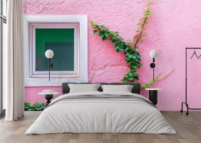 Featuring a colorful pink wall, window space, flower and plants and colonial roof, it gives an impression of a Caribbean house. Wall mural