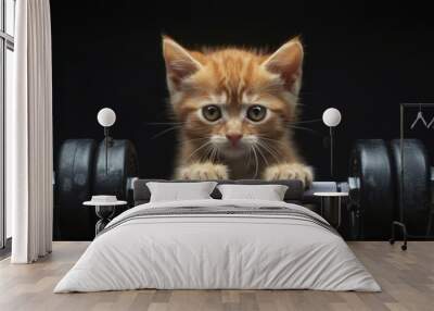 Fit kitten lifting barbell with determination, fitness and strength concept Wall mural