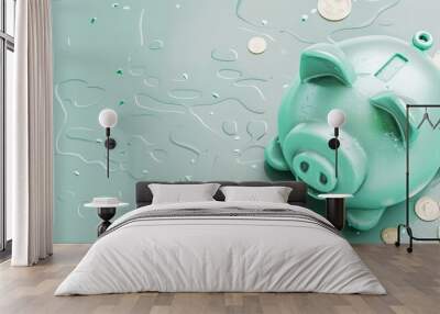 Gold coin piggy banks with smiling green pigs, isolated on green background - Green investment success, eco savings Wall mural