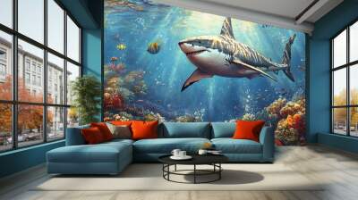 Gray shark swimming in a beautiful blue ocean filled with fishes, corals and seaweed. Turquoise water color. Background image. Wall mural