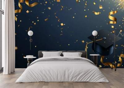 Greeting banner for graduation. Modern illustration with graduation cap, golden confetti and sparkling fireworks for decoration. Design for congratulating graduates. Wall mural