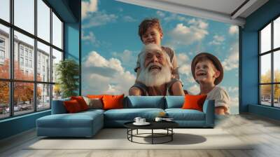 Happy family celebrating Father's Day. A grandfather, a father, and a son are hugging and having fun together. Wall mural