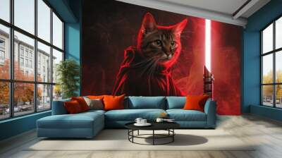 Illustration of a cat with light saber and a Jedi wearing a cloak Wall mural