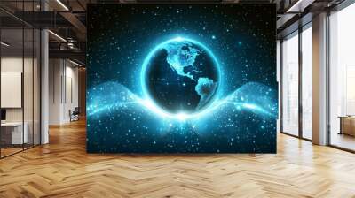 Illustration of a digital tech globe flying through wireframes in an innovative data communication technology illustration. Conceptual illustration of futuristic technology. Wall mural