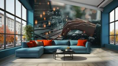 In this depiction, a businessman is using a laptop PC with contact icons on the virtual screen. While searching the internet, browsing information, or contacting customer support, he has contact Wall mural