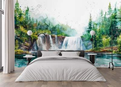 Landscape poster with waterfalls in watercolor painting style, generative AI Wall mural