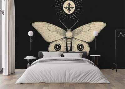 Mystic sign abstract illustration with hand drawn butterfly and sacred geometric symbol on black vintage background. Wall mural