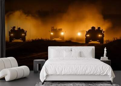 On sunset background, military patrol car with soldiers ready to attack. Artwork decoration. Selective focus. Wall mural