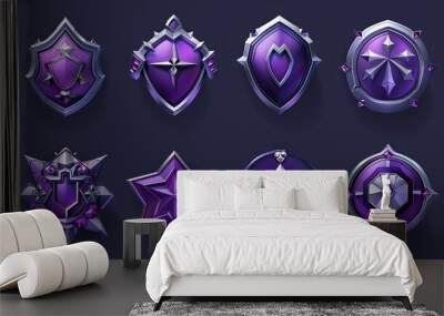 Rank buttons set, isolated on a white background. Modern illustration of hexagonal purple shield badges in iron frames decorated with gemstone stars and wings, winner award, success award. Wall mural