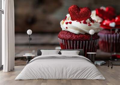 Red velvet cupcake muffin cake with white frosting and heart-shaped glitter top on rustic wooden background. Copy space for text. Wall mural