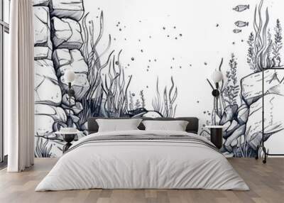 Seascape underwater with algae and rocks, sketch modern illustration isolated on white. Wall mural