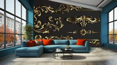 Set of gold decorative horizontal floral elements, corners, borders, and frames Wall mural