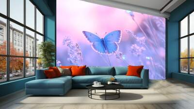 Spectacular close-up macro of wild light blue flowers in fields and two fluttering butterflies. Blue and purple tones, Stock Photo. Wall mural