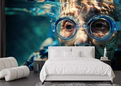 Stock image of an elderly woman swimming underwater with goggles. Wall mural